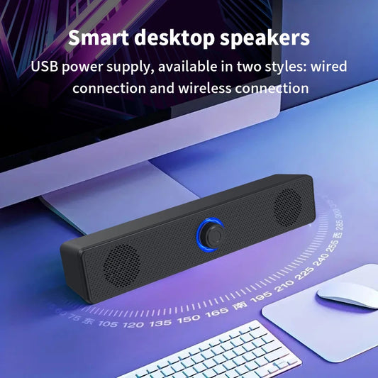 Long Desktop Dual Speakers - Wired 1002 & Wireless Bluetooth 3511, USB-Powered, AUX 3.5mm, LED Lights, 3D Stereo for Laptop and TV